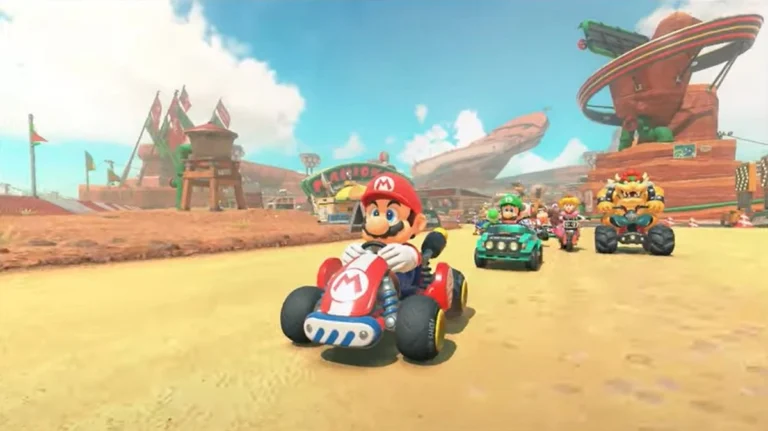 Giao diện chính của Mario Kart World với các nhân vật Mario, Peach và Yoshi trên đường đua rực rỡ toàn cầu