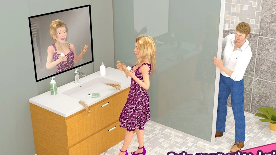 Cảnh chơi game phá vợ ảo trong phòng tắm với hiệu ứng hài hước và nhân vật 3D