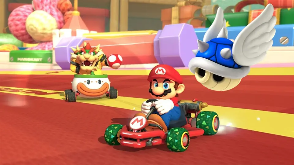 Nhân vật Mario trong Mario Kart World bị rùa xanh bắn trúng, mất hạng