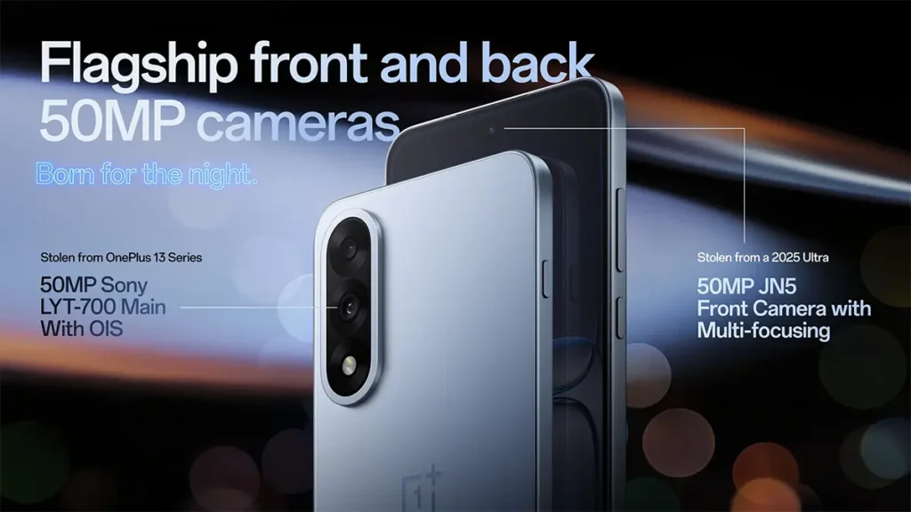 Thiết kế mặt trước và mặt sau của OnePlus Nord 5, màn hình OLED phẳng và camera kép