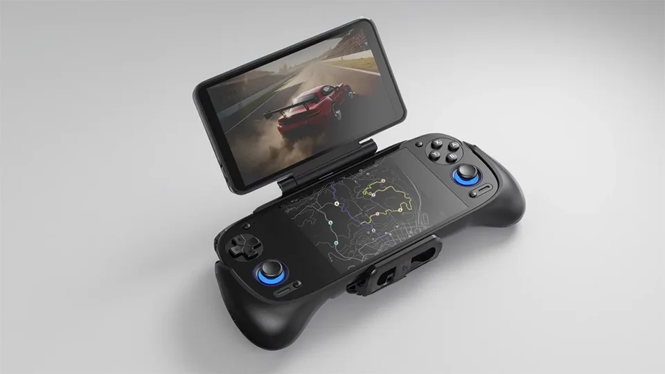 Retroid Dual Screen - phụ kiện màn hình kép cho thiết bị chơi game cầm tay Android, thể hiện màn hình kép mở ở góc 120 độ.