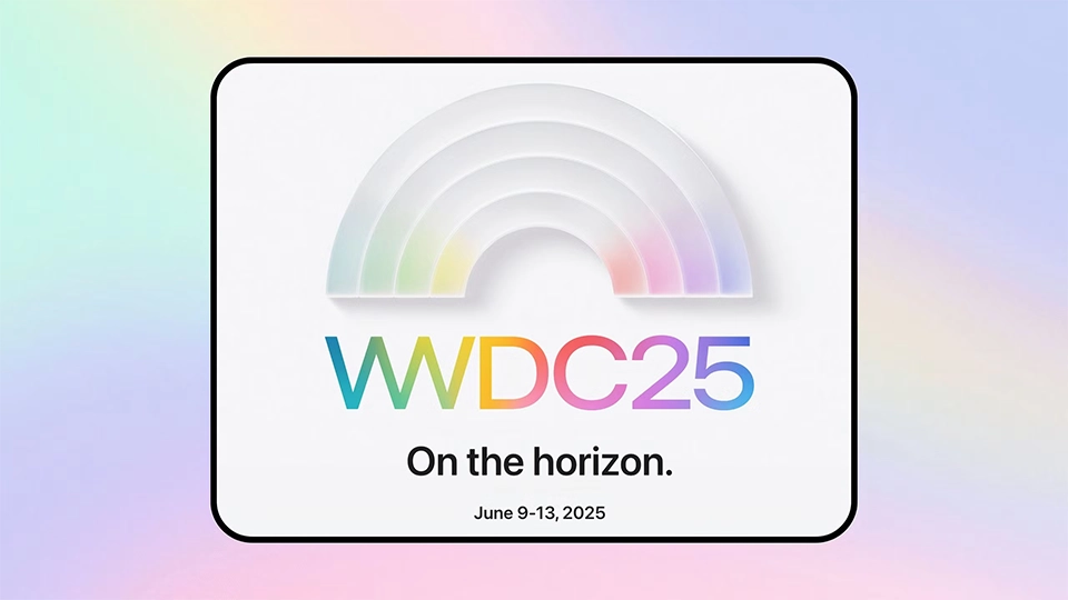 Banner chính thức sự kiện WWDC25 của Apple với logo cầu vồng và thông điệp "On the horizon", diễn ra từ ngày 9 đến 13 tháng 6 năm 2025.