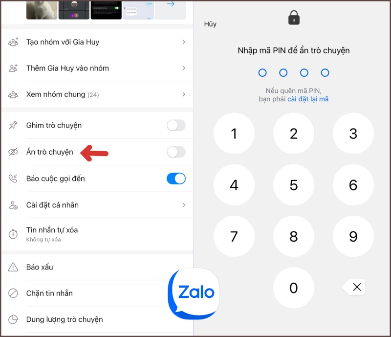 Người dùng chọn ẩn cuộc trò chuyện và đặt mã PIN bảo vệ tin nhắn Zalo