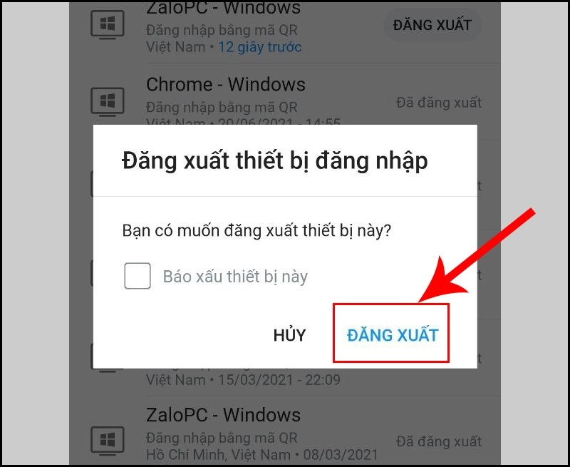 Giao diện Zalo hiển thị danh sách thiết bị đang đăng nhập và nút đăng xuất từ xa
