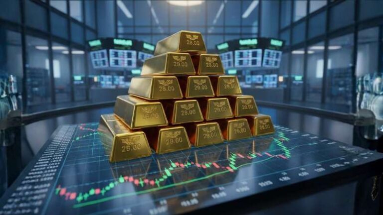 Cận cảnh thỏi vàng và biểu đồ chứng khoán đang tăng trưởng xanh