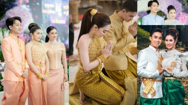 Các cặp đôi trong trang phục cưới truyền thống Khmer với khăn Sbai thêu chỉ vàng và Sampot nhiều màu sắc rực rỡ.